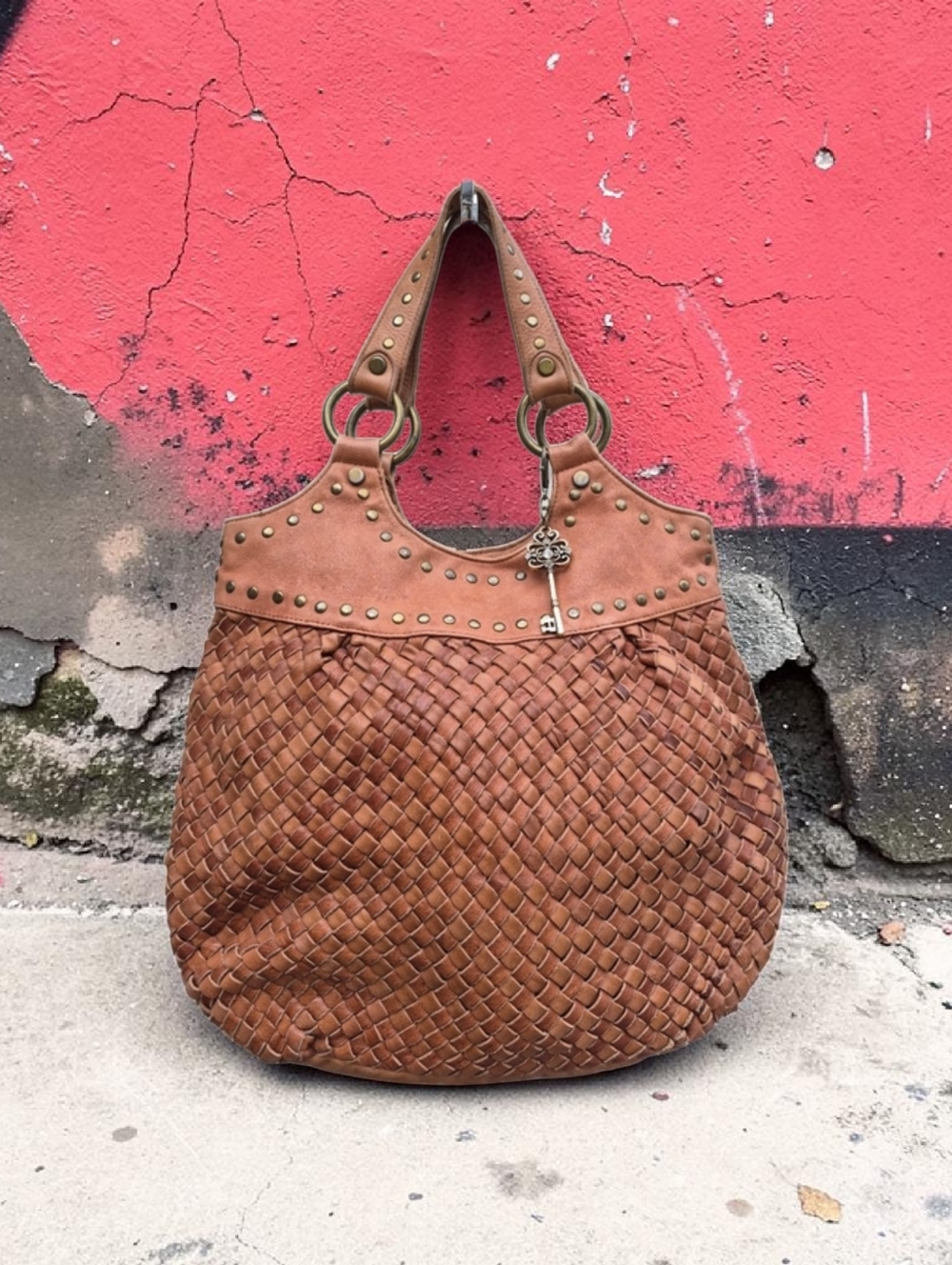 Fossil Vintage Woven Leather Satchel in Cognac Brown